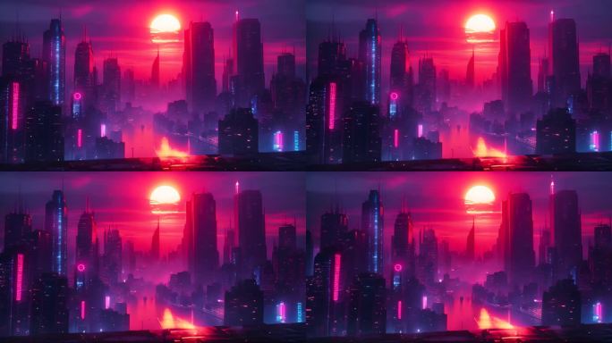 科幻赛博朋克都市城市日落黄昏氛围大屏