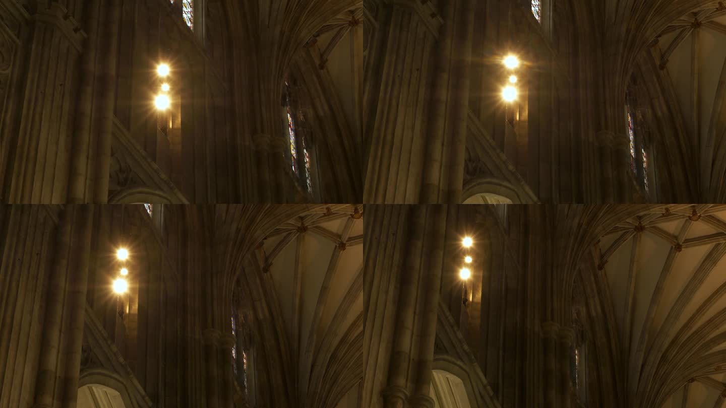 低角度视角:阳光照进坎特伯雷大教堂美丽的内部
