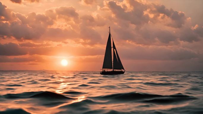 帆船 海面 夕阳 孤帆