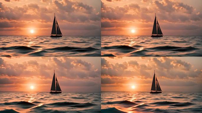 帆船 海面 夕阳 孤帆