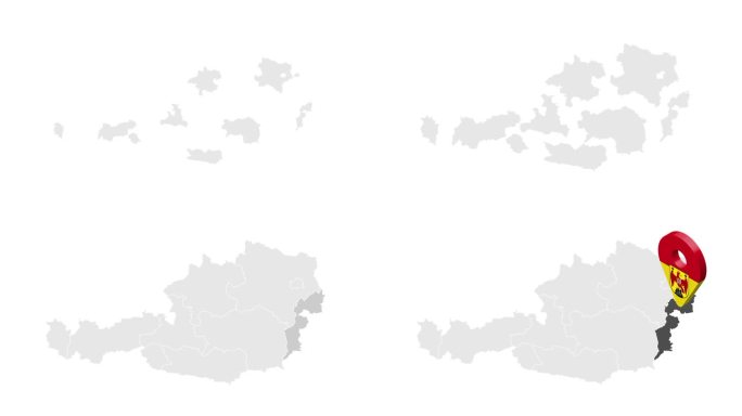 布尔根兰州在奥地利地图上的位置。3d布尔根兰州旗地图标记位置针。奥地利地图显示了不同的部分。动画地图