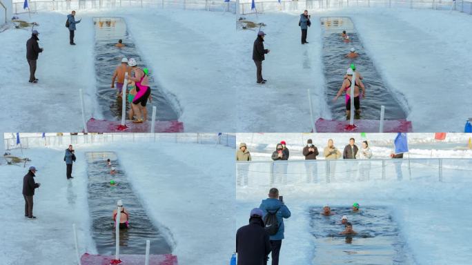 冬泳老年人娱乐锻炼东北冬季运动拍照