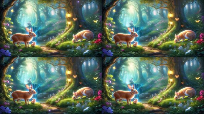 4K卡通动漫唯美梦幻兔子森林可爱童话背景