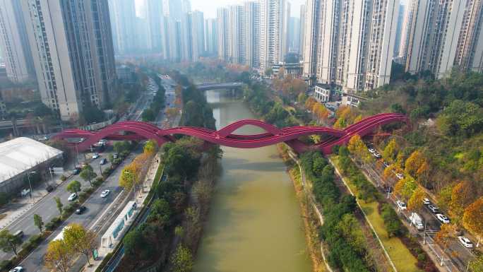 长沙城市建筑冬季风光梅溪湖中国结桥航拍