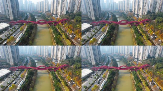 长沙城市建筑冬季风光梅溪湖中国结桥航拍