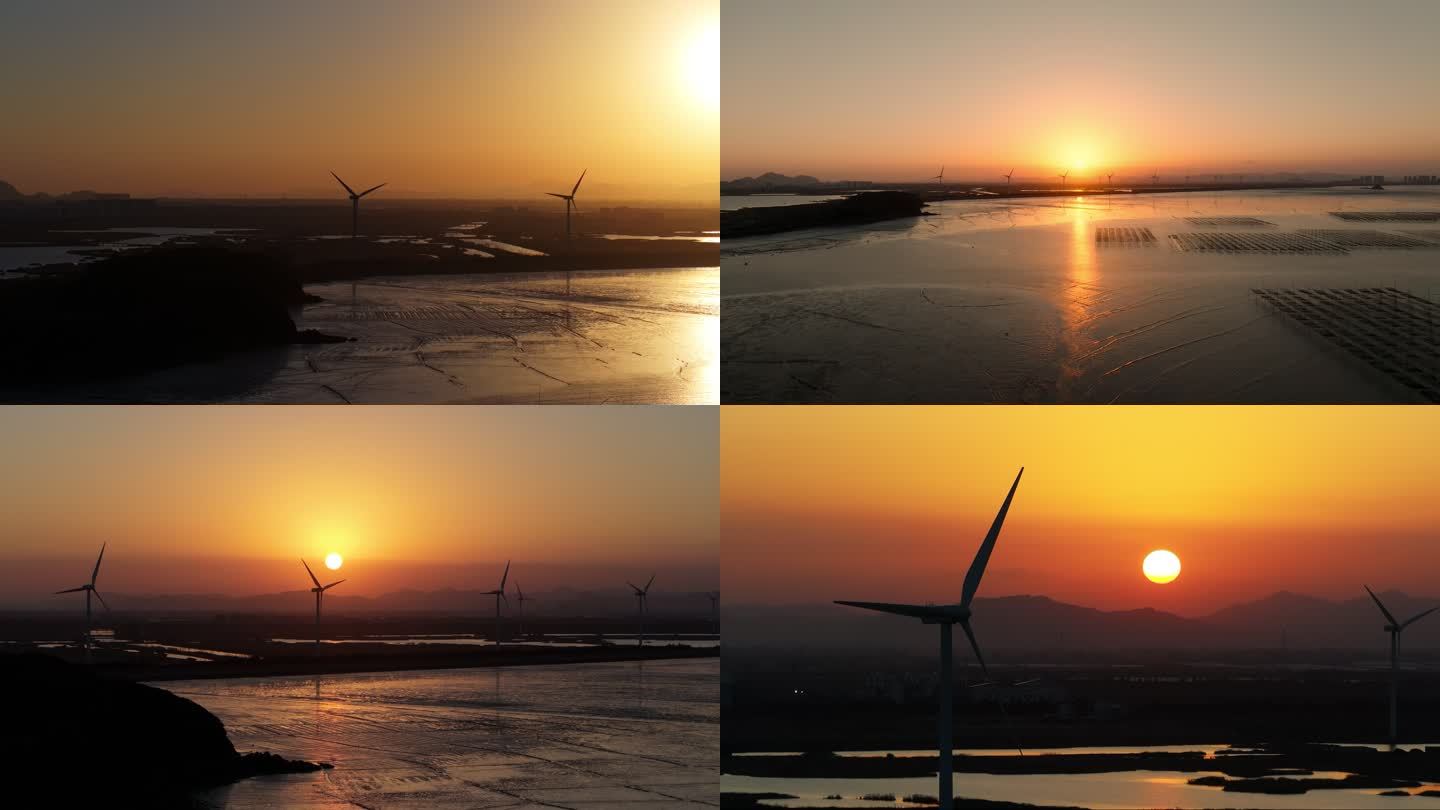 日落夕阳海边风车风力发电