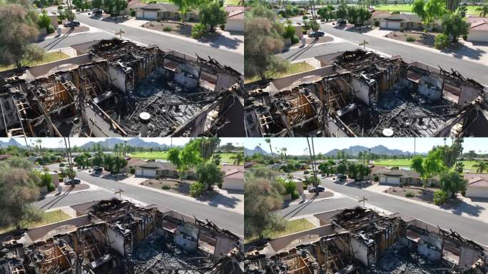 亚利桑那州乡村俱乐部附近发生房屋火灾。高档住宅被烧成灰烬。空中射击。大型保险理赔主题。