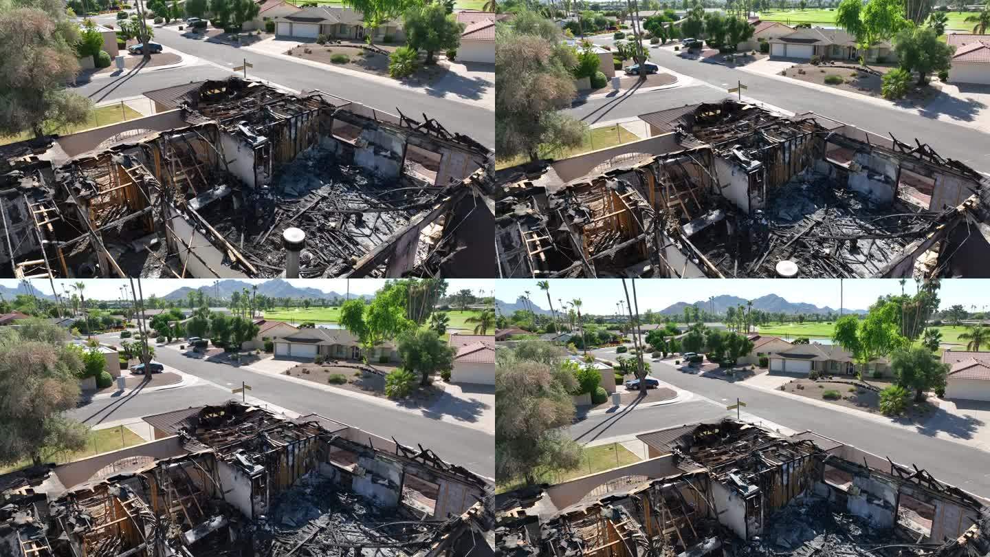 亚利桑那州乡村俱乐部附近发生房屋火灾。高档住宅被烧成灰烬。空中射击。大型保险理赔主题。