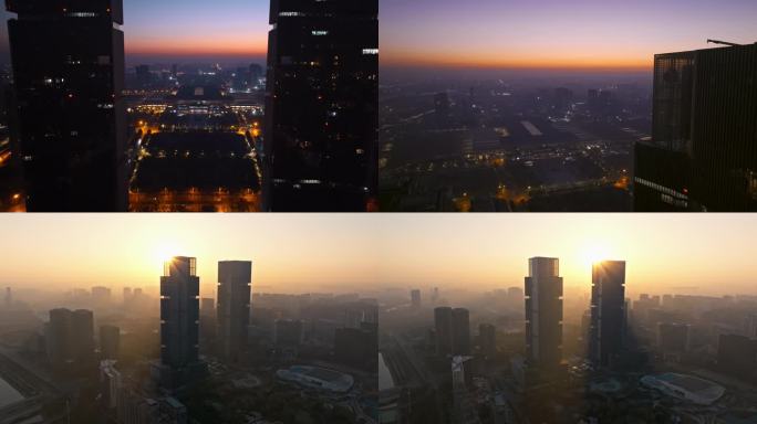 郑州城市空镜 东区地标双子塔日出航拍