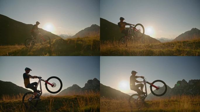 SLO - MO手持拍摄的坚定的男子摩托车手表演轮滑与自行车在场地日落