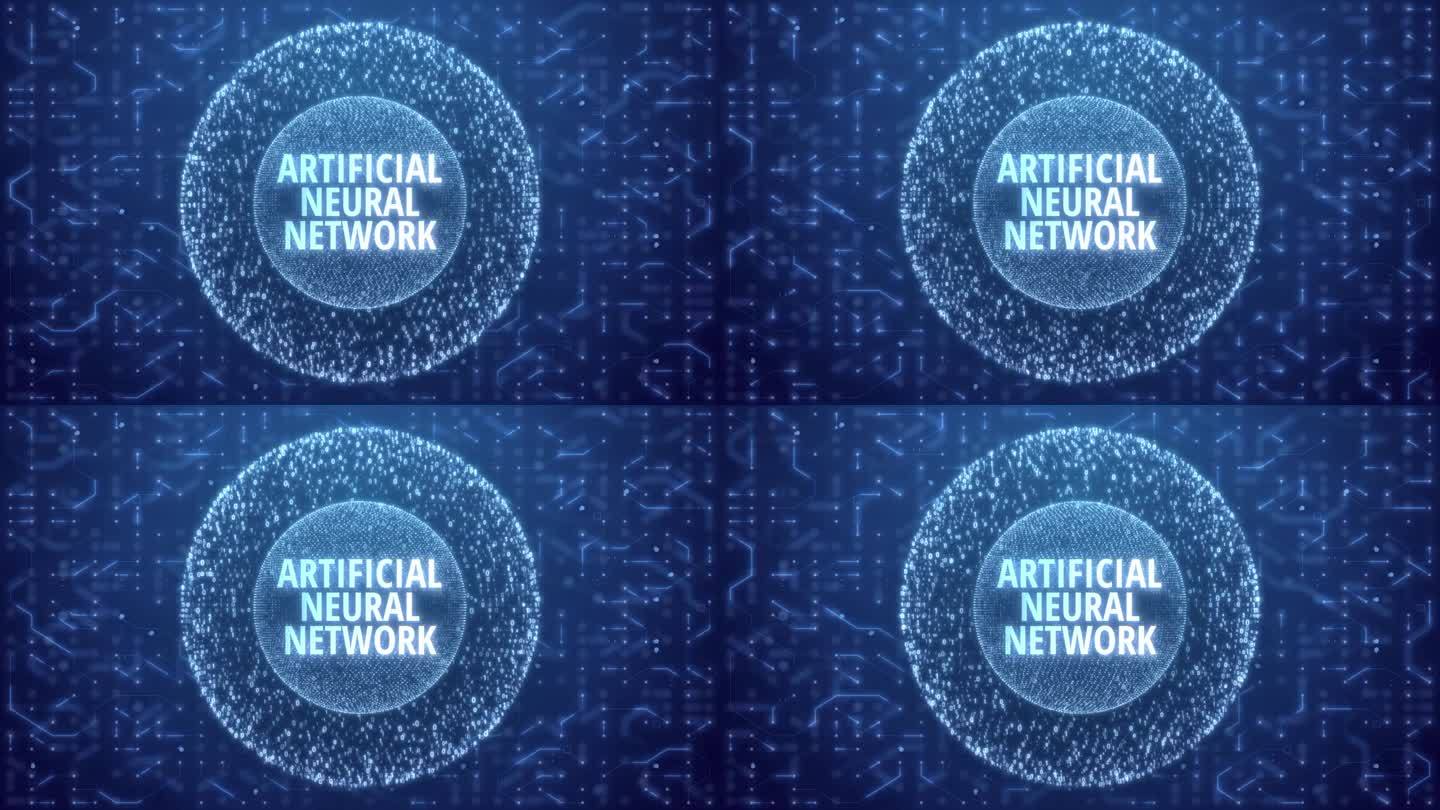 电路背景下矩阵球上的人工神经网络概念。球体形式的随机数在电路蓝色背景上