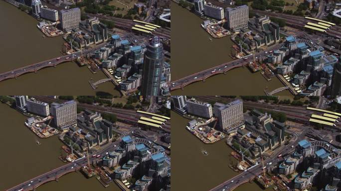 英国伦敦沃克斯豪尔桥、泰晤士河和军情六处大楼鸟瞰图。4 k