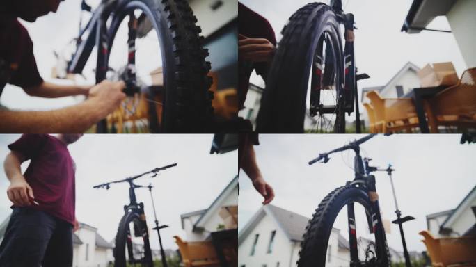 在院子里修理山地车轮胎的男子的慢镜头跟踪镜头