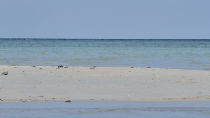 一个沙洲的平移镜头，就像一个小岛在平静的蓝绿色海水上，上面有一些垃圾。