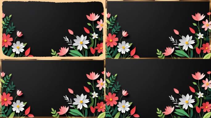 4K三种艺术鲜花平面边框卡通简洁黑底背景