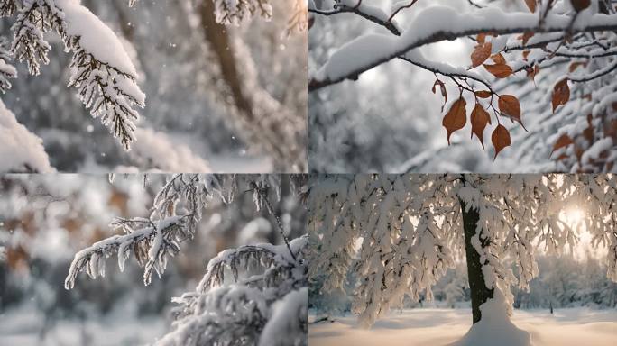 冬季唯美雪景枫叶大寒腊八节北方冬日