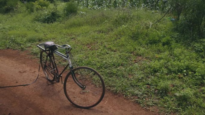 SLO MO自行车停在草地旁的乡村土路上