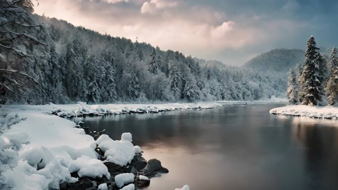 冬日雪松 河流景色 雪景
