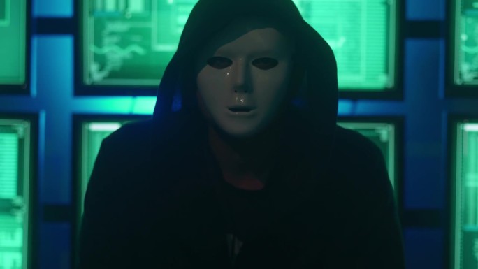 通缉一名黑客，身穿连帽衫，戴着面具，隐藏自己的身份，利用电脑对网络数据中心进行黑客攻击