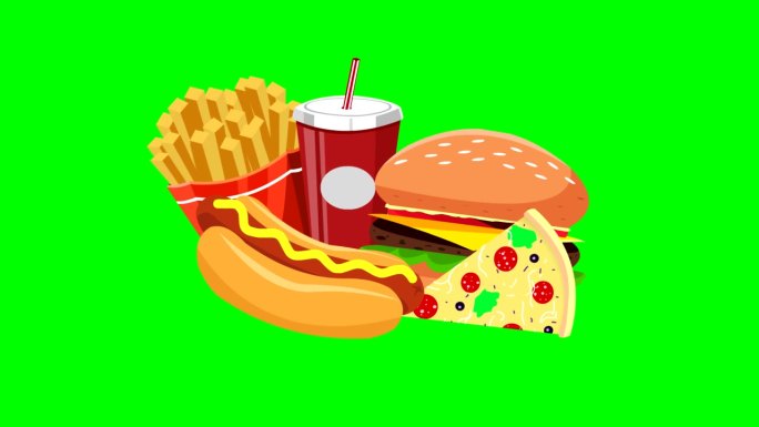 快餐披萨，汉堡，炸土豆，热狗，苏打动画，绿色背景。