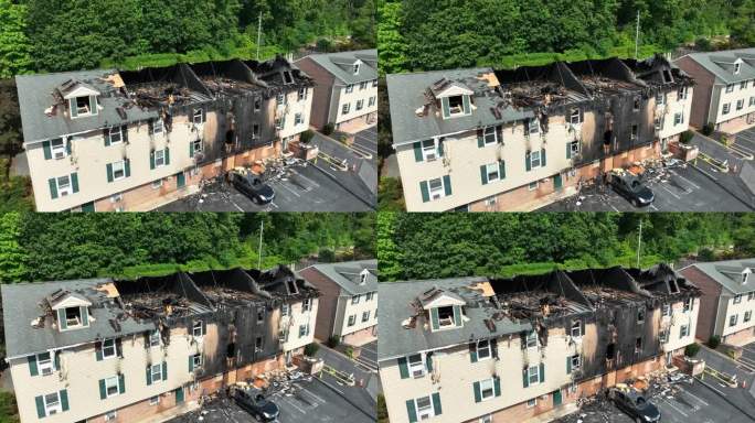 被烧毁的公寓大楼，屋顶受损。美国房屋火灾鸟瞰图。