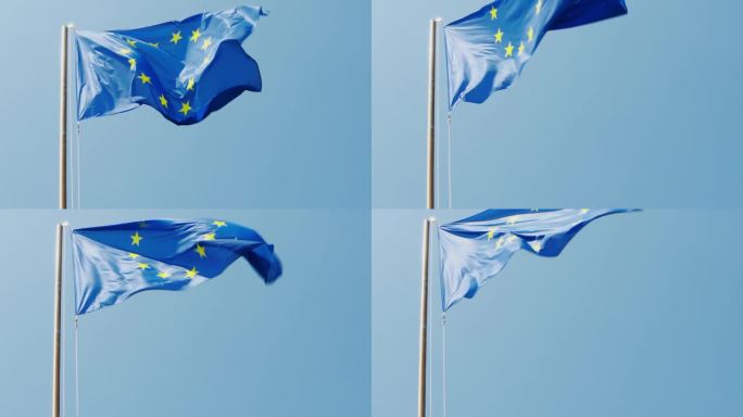 一个阳光明媚的夏日，在西班牙拍摄的欧盟旗帜和旗池在风中飘扬的画面。高品质4k画面