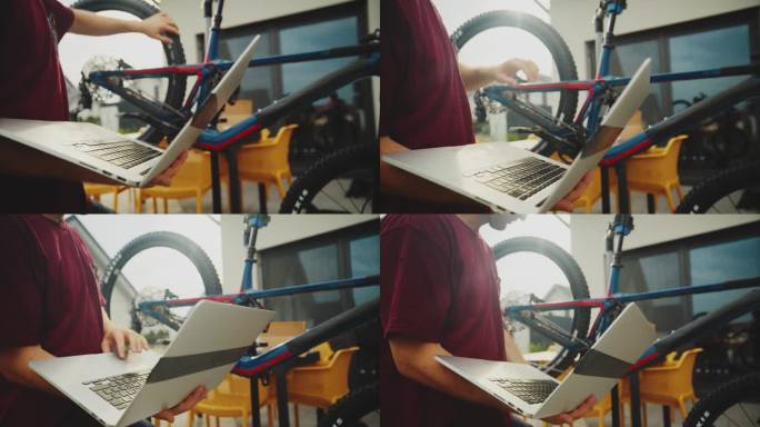 在院子里检查倒立山地车轮胎和踏板时，男子使用笔记本电脑的SLO手持镜头