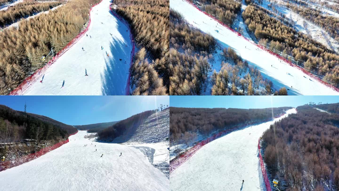 航拍+实景  雪场滑雪的人们