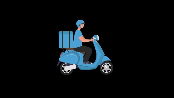 孤立的快递员或快递员骑着摩托车，绿色背景的盒子动画。