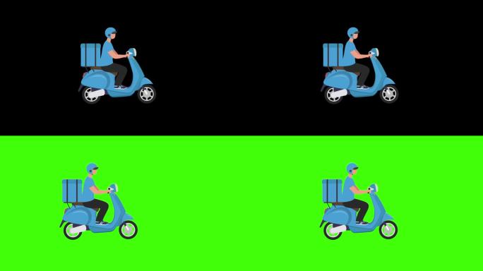 孤立的快递员或快递员骑着摩托车，绿色背景的盒子动画。