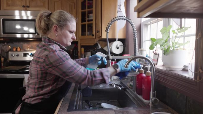 成熟的女人，管理员戴着防护手套在厨房里清洗水龙头和水槽。手持摄像机运动