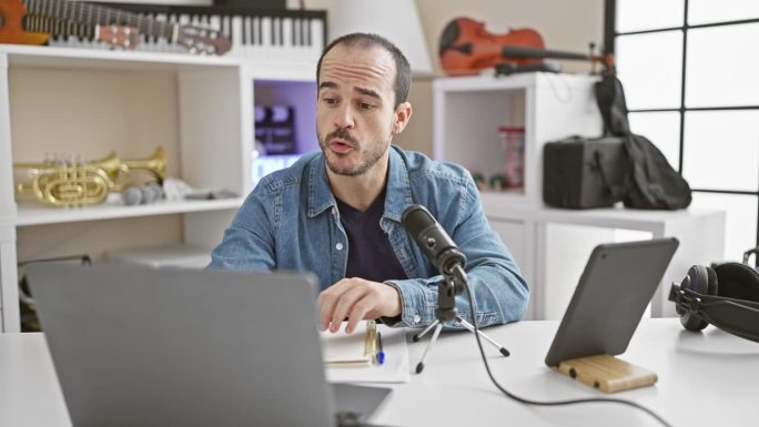 蓄着胡子的西班牙裔男子在室内音乐工作室对着麦克风讲话，在笔记本电脑和平板电脑旁仔细研读笔记。