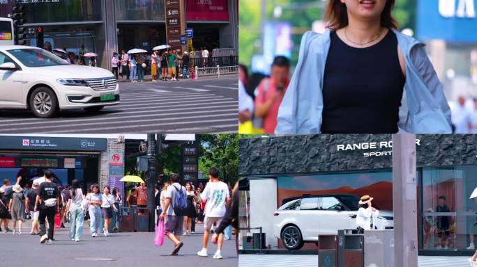 城市夏天暑假酷暑高温炎热街道行人过马路人