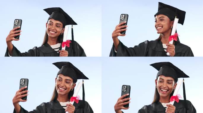 毕业自拍，快乐的女人或学生在大学头像，蓝色背景的文凭或证书。毕业后的成功，社交媒体和印度人在工作室的