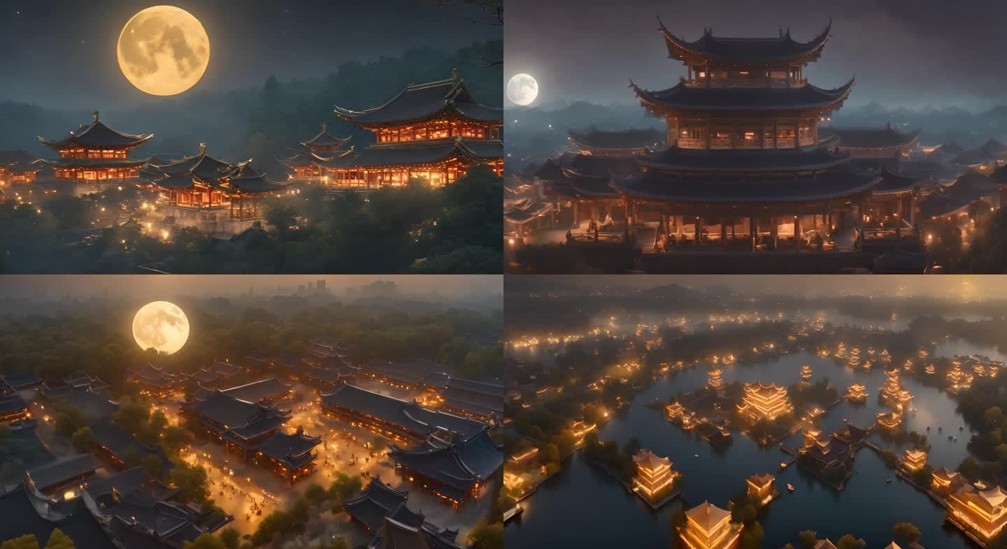 汉唐首都月光下中式建筑背景