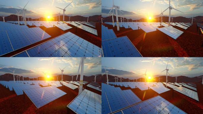 太阳能电池板农场和风力涡轮机生态概念鸟瞰图
