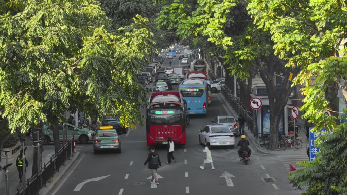 早晨光线下城市马路上的车流