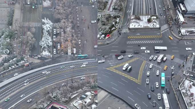 冬季雪天城市车流航拍