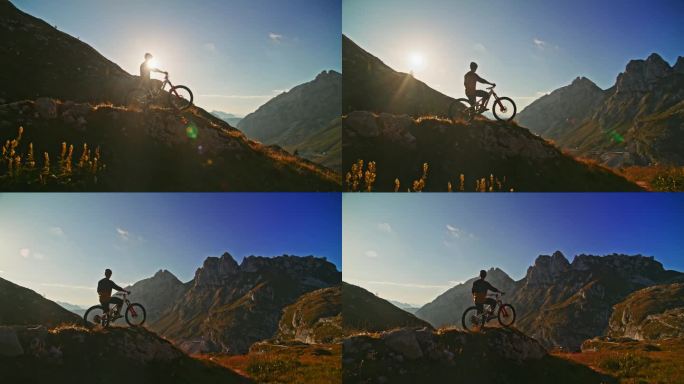 在阳光明媚的日子里，男性骑自行车的人坐在落基山脉上的SLO手持镜头
