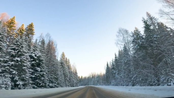 冬季仙境公路之旅。沿着森林路径的正面视图。踏上冬季公路之旅，穿越迷人的森林小径。观点。汽车行驶在积雪