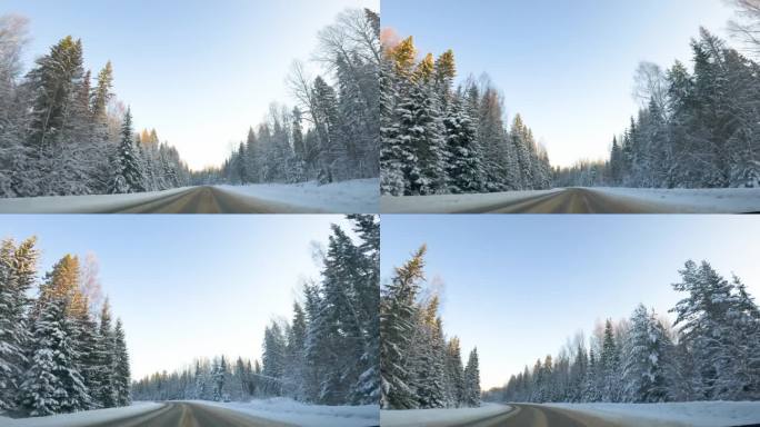 冬季仙境公路之旅。沿着森林路径的正面视图。踏上冬季公路之旅，穿越迷人的森林小径。观点。汽车行驶在积雪
