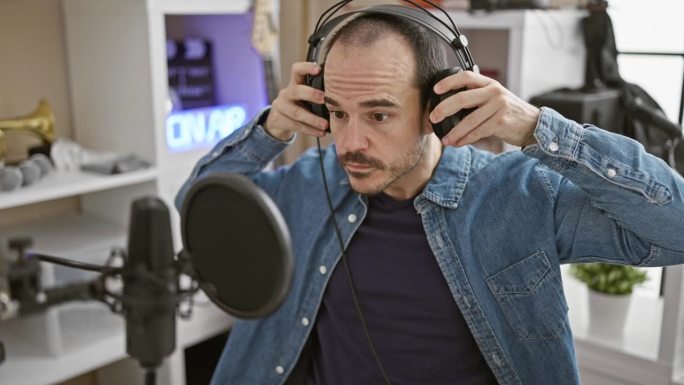一名戴着耳机的西班牙裔男子在音乐工作室对着麦克风说话，体现了歌手录音的过程。