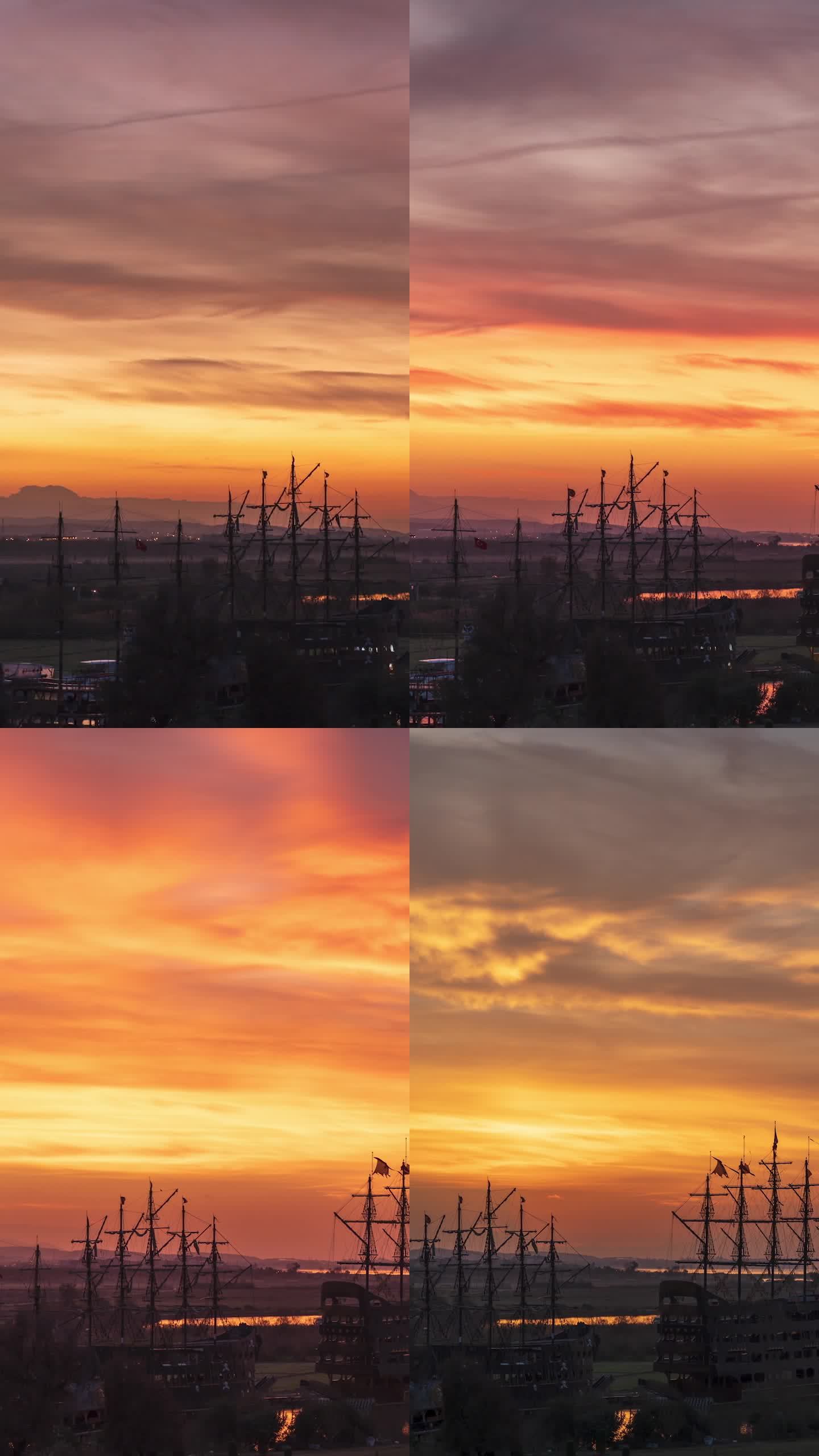 垂直视频。海边码头的日出，帆船沿着海岸停泊。太阳从山后升起，把天空描绘成火红的阴影。