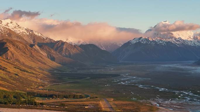 延时航拍新西兰库克山一镜到底日出美景
