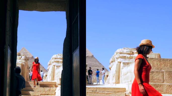 一位身穿红色连衣裙、头戴草帽的黑发白人年轻女子，在银座金字塔旁边欣赏着参观狮身人面像。开罗,埃及