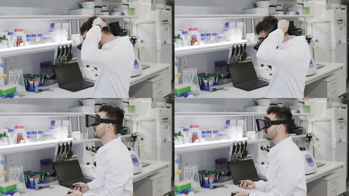 拉丁男科学家在实验室使用虚拟现实眼镜进行研究