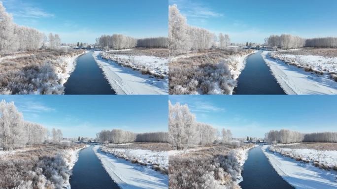 呼伦贝尔初冬自然风光河流湿地雪松树挂美景