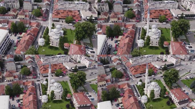 Ferhadija清真寺的空中轨道拍摄，著名的清真寺在巴尼亚卢卡市，波斯尼亚和黑塞哥维那
