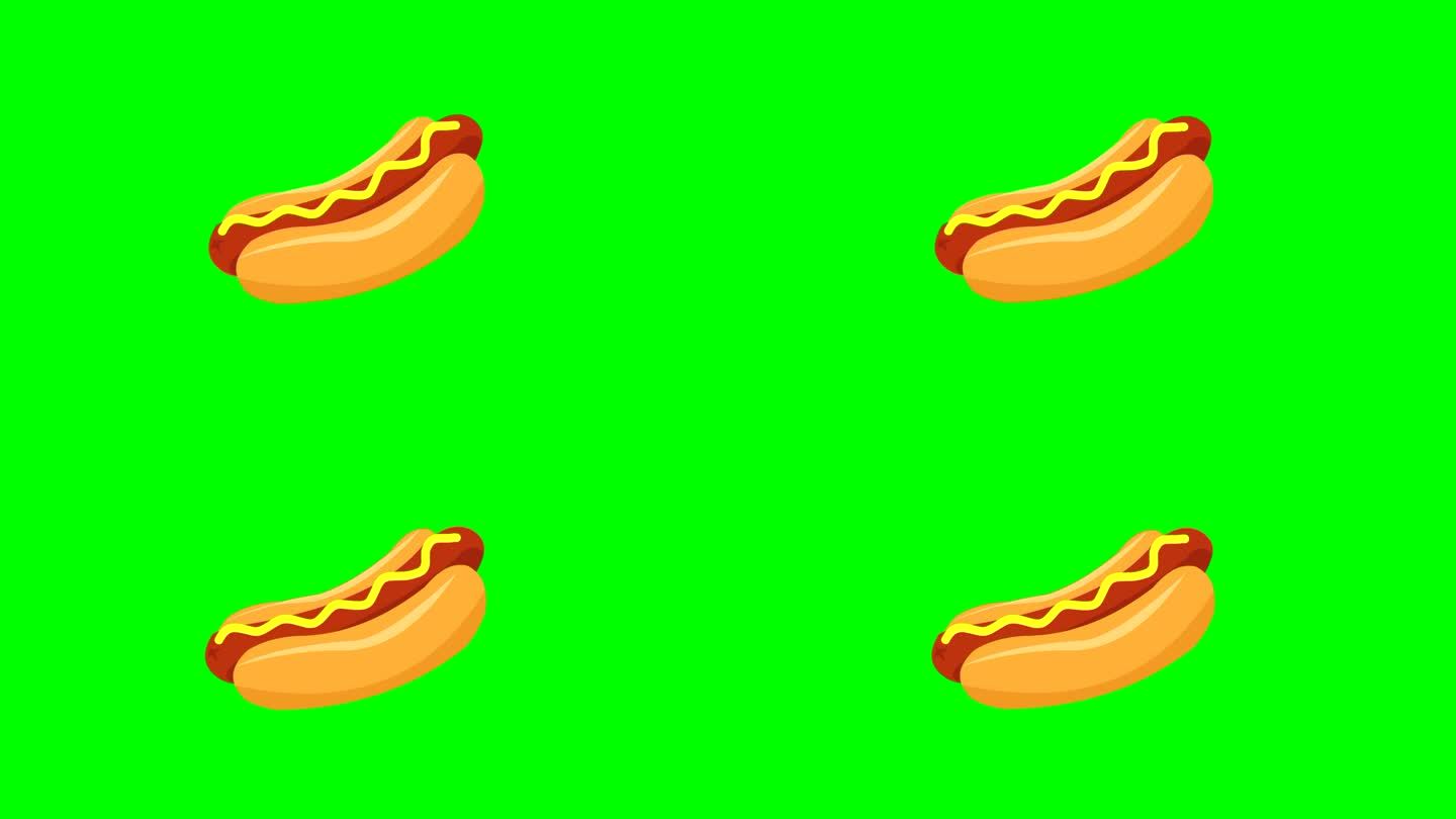 快餐热狗服务动画，绿色背景。