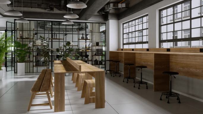 现代咖啡馆室内与木桌，座椅，书架和室内植物